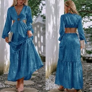 Boho blue cutout open back ruffle hem lantern sleeve maxi dress